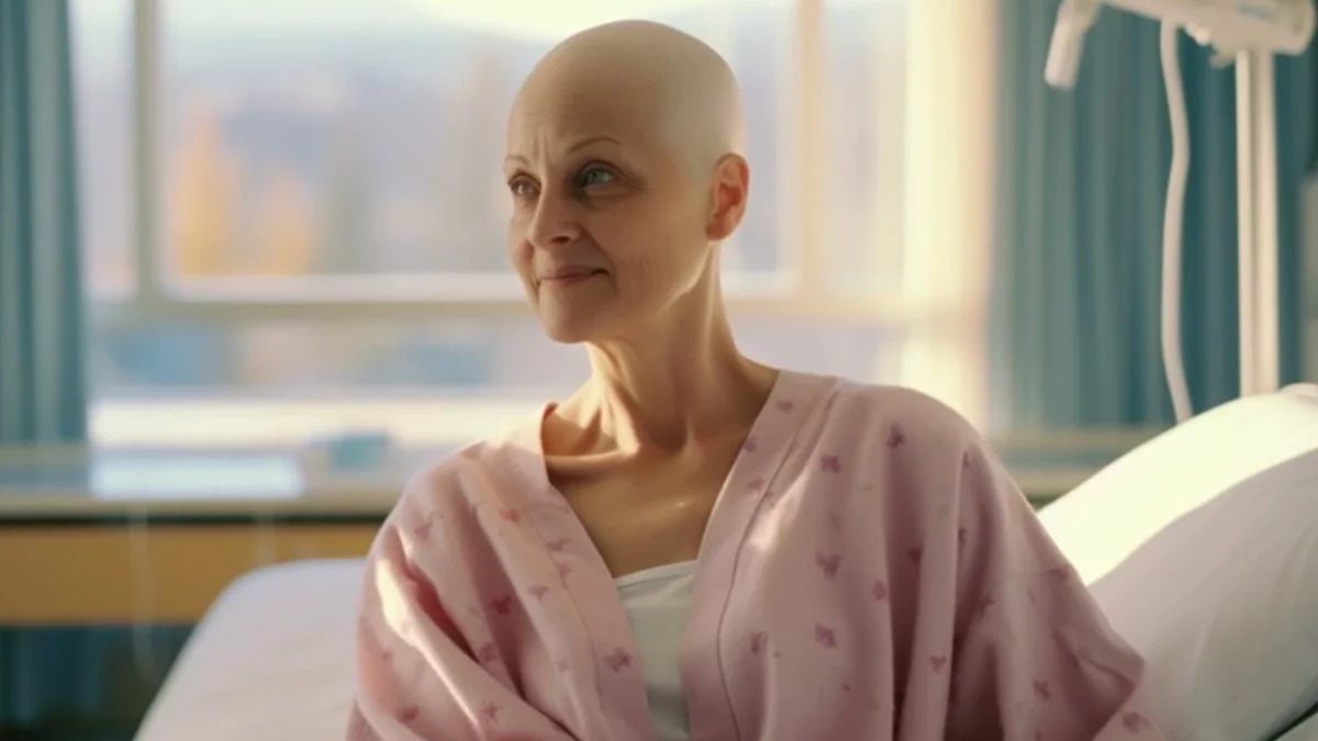 Uma mulher sem cabelos, vestindo um ropão rosa sobre a vestimenta hospitalar, está sentada em uma cama de hospital. Ela olha para o lado com uma expressão serena e um leve sorriso. Ao fundo, há uma janela iluminada por luz natural e um suporte de soro. A imagem ilustra o contexto de saúde e tratamento de doenças graves para artigos sobre isenção de Imposto de Renda.