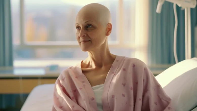 Uma mulher sem cabelos, vestindo um ropão rosa sobre a vestimenta hospitalar, está sentada em uma cama de hospital. Ela olha para o lado com uma expressão serena e um leve sorriso. Ao fundo, há uma janela iluminada por luz natural e um suporte de soro. A imagem ilustra o contexto de saúde e tratamento de doenças graves para artigos sobre isenção de Imposto de Renda.