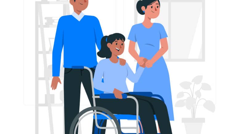 Imagem ilustrativa e em desenho azul claro de uma família (mãe, pai e um filho), com um filho na cadeira de rodas para simbolizar a pensão por morte para filho inválido com dependência econômica